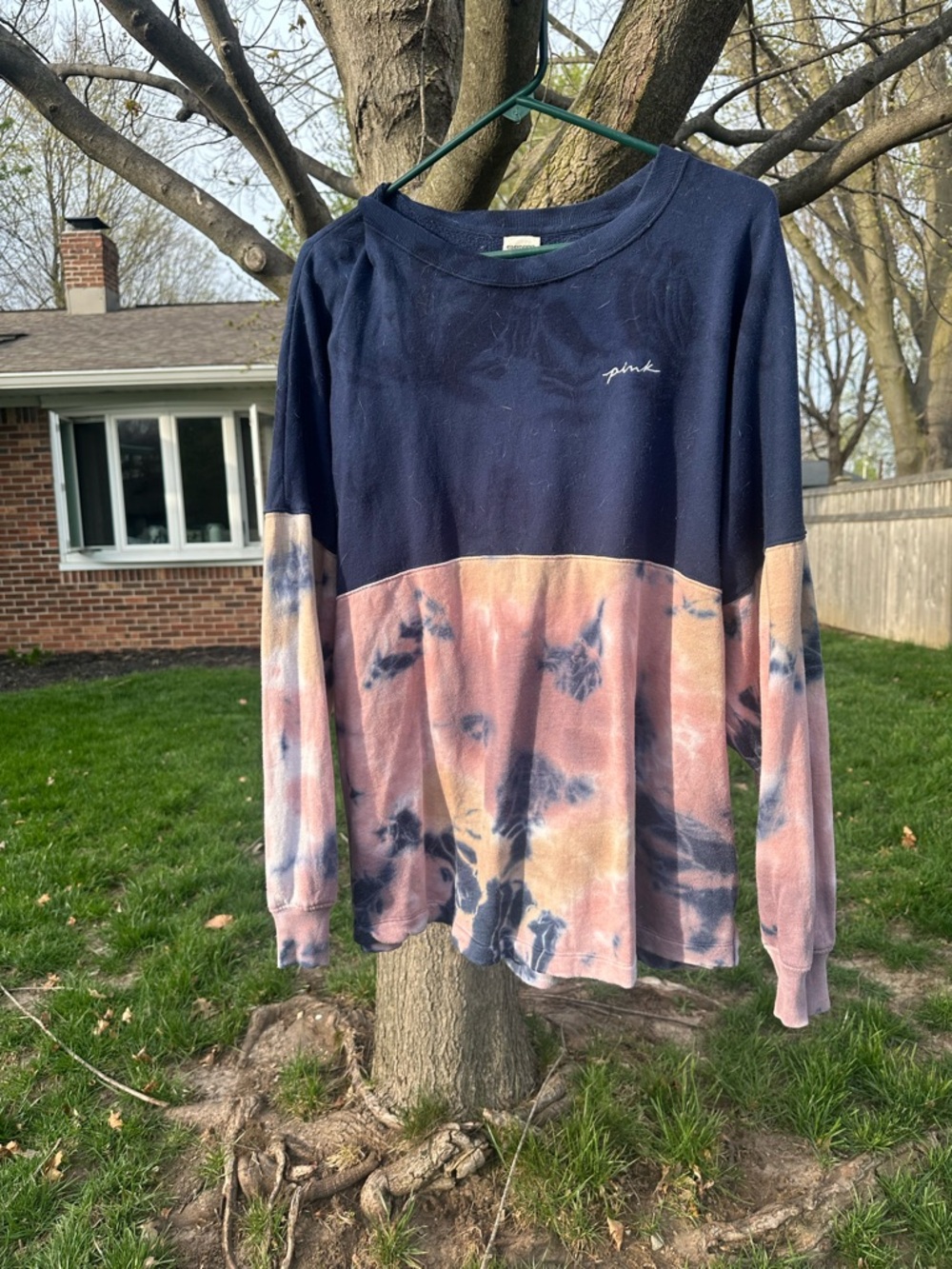 PINK Victoria's Secret Navy and Pink Tie-Dye Colorblock Pullover Sweatshirt - Picture 1 of 2